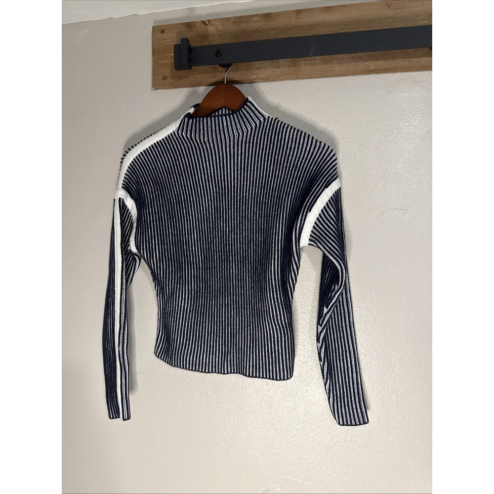 Anthropologie Sweater‎ Ribbed Knit Mock Neck Women's Small Navy White Striped